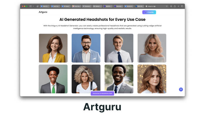 A screenshot of Artguru’s AI headshot tool. Generate unique headshots for different use cases easily.