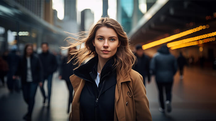 A picture of a woman with an AI-blurred background of a bustling city street.