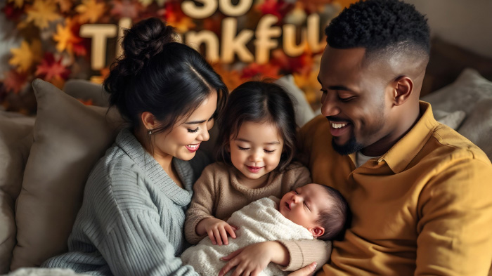 A Thanksgiving photo of a newborn baby being cradled by family members. 