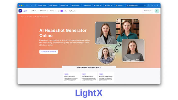 A screenshot of LightX’s AI headshot generator for diverse, realistic, high-quality male and female headshots from photos.