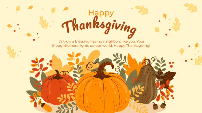 A Thanksgiving card for neighbors and community members with a message and Thanksgiving PNGs.