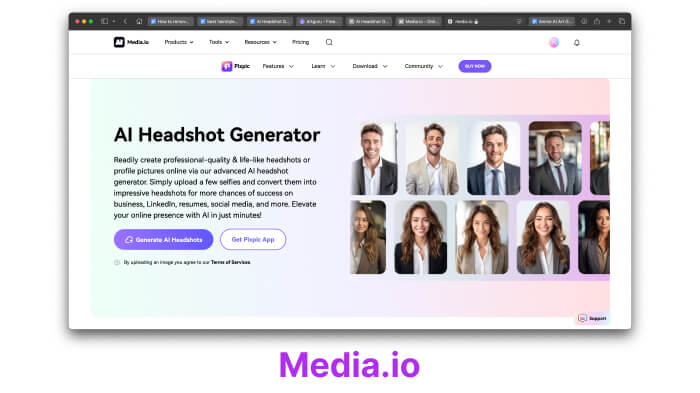 A screenshot of the AI headshot generator by Media.io. Create professional-quality, lifelike headshots from photos.