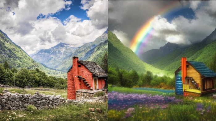 Before and after using the artificial intelligence Rainbow filter that highlights a beautiful change in the vibrancy of the rainbow colors. 