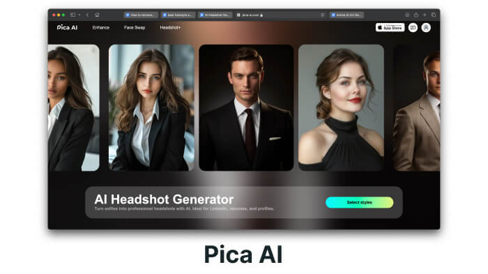 A screenshot of Pica AI’s headshot generation tool to produce polished headshots for numerous fields and professions.