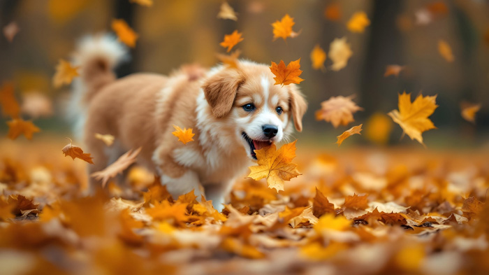 A Thanksgiving photo of a dog playing outdoors with leaves in an autumn setting.