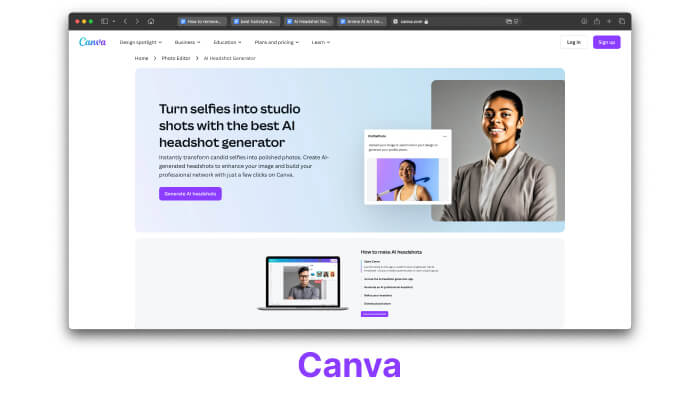 A screenshot of Canva’s AI headshot maker to turn selfies into studio-like professional headshots.