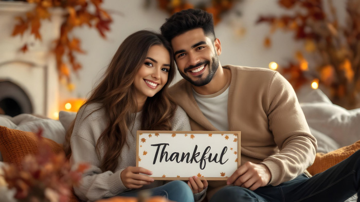 A Thanksgiving photo of a couple holding a “Thankful” sign together.