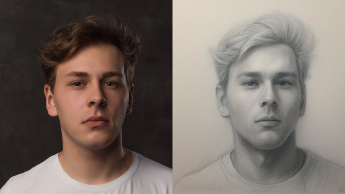  Comparison of the image before the application of AI Sketch filter and after its application highlighting how the image was transformed to look like a pencil sketch..