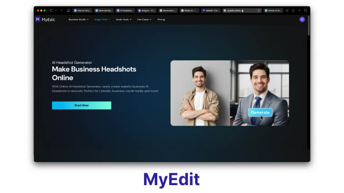 A screenshot of MyEdit’s AI headshot tool to design custom business headshots online quickly and easily.