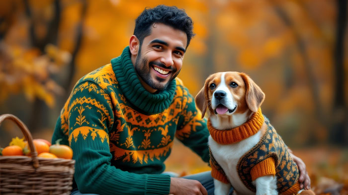 A Thanksgiving photo of a man and his dog in matching sweaters.