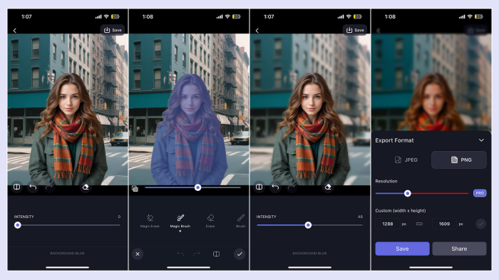 Steps to blur a photo background in the LightX app.