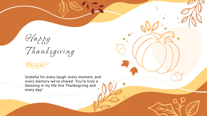 A Thanksgiving card for friends with a message, fall colors, and illustrations.