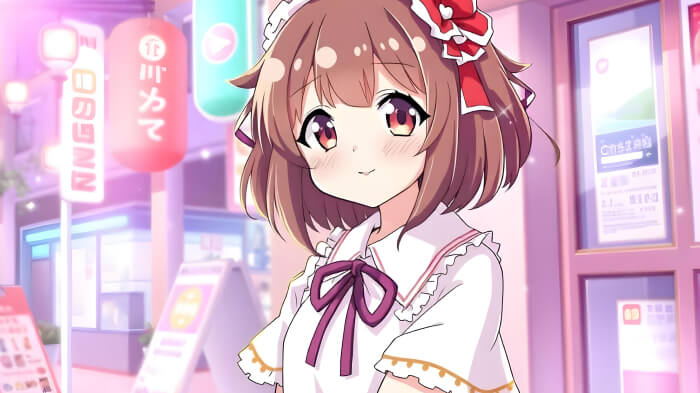 A Kawaii-style AI anime image of a girl and a market scene. 