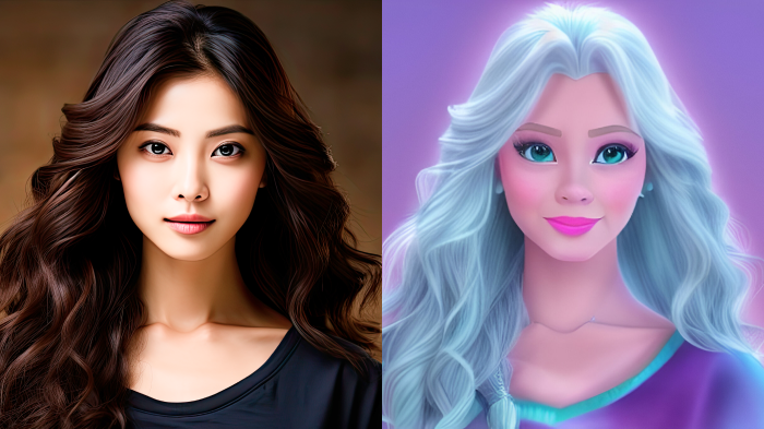 Before and after applying the AI Disney filter, showing the image renewed with a whimsical, fairy-tale quality  