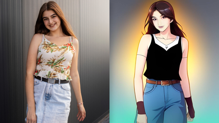 Before and after images of AI Webtoon filters, the image looks bright and colorful, like images you see in webcomics. 