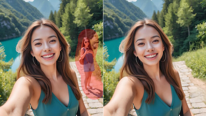 Comparison collage of a girl’s photo. Left, with a photobomber. Right without them using the AI person eraser. 