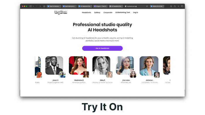 A screenshot of Try It On AI's headshot generator for professional, studio-quality AI headshots.