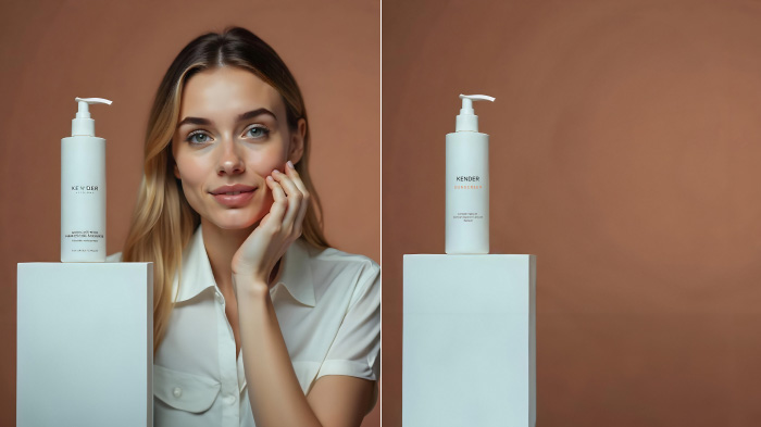 A comparison of two product images. Left, with an unwanted person. Right, with the person removed from the product picture.