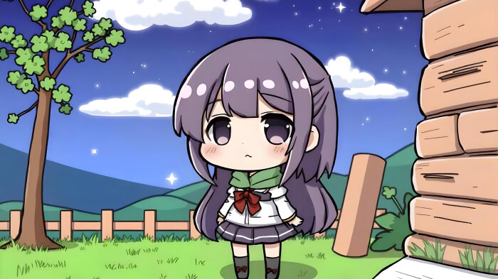 A cute AI-generated Chibi anime artwork of a girl in a nighttime scene.