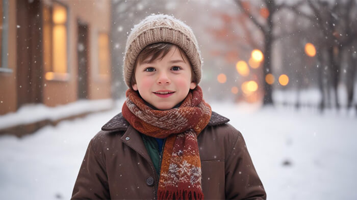 A young boy's photo with a blurred snow background, highlighting glowing lights.