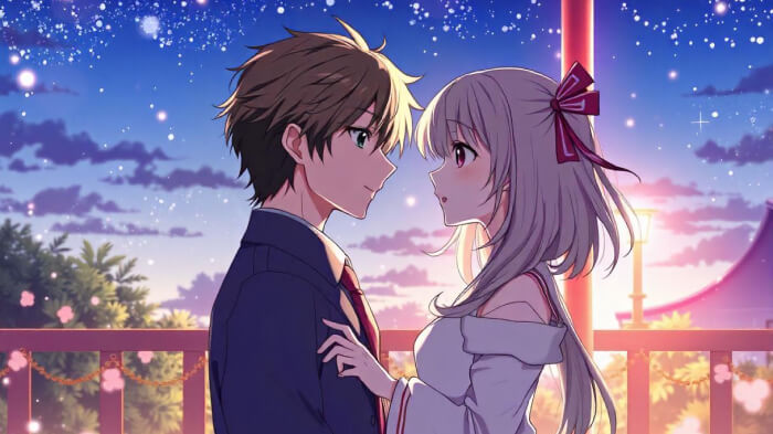 A Shōjo AI anime art, featuring a couple and a romantic scene with subtle colors and detailed background.