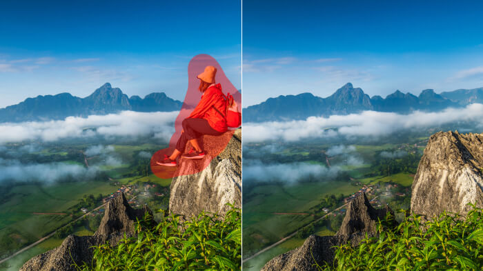 Comparison collage of a scenic shot. Left, with an unwanted person. Right, without them using an AI person remover.