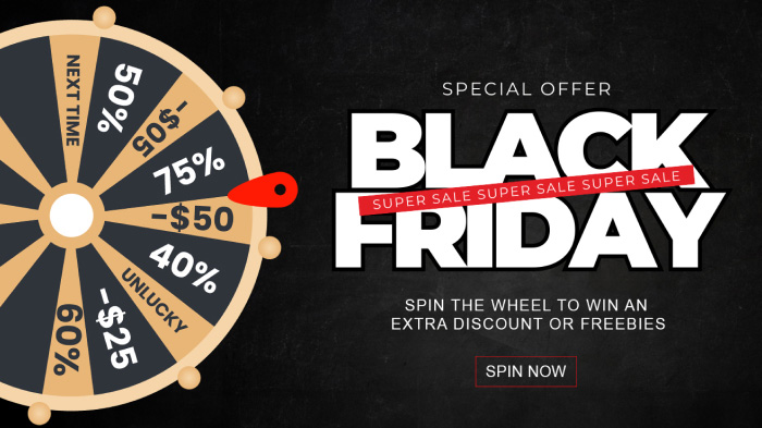 An image featuring the Black Friday “spin the wheel” offer to win extra discounts or freebies.