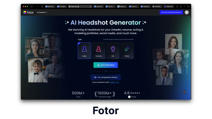 A screenshot of Fotor’s AI headshot creator to generate headshots for different professions and purposes.