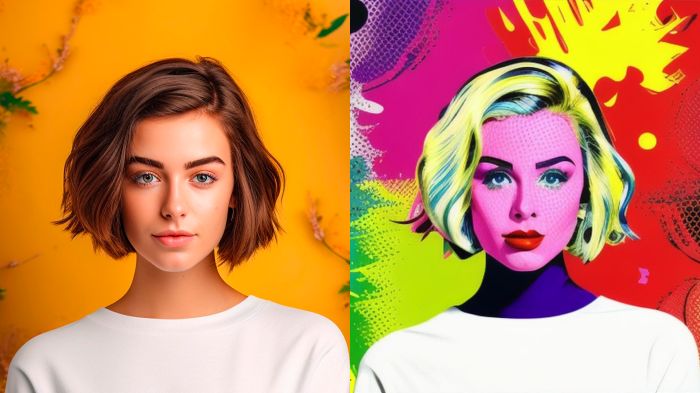 Original and new look after using the AI Pop Art Filter: a brilliant change in contrast with the motifs of pop art. 