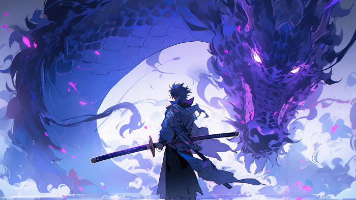 An AI-generated anime artwork featuring a male character, dragon, and fantasy-themed scene