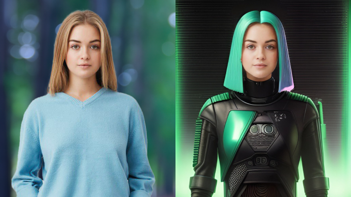 This shows how the AI Cyberpunk filter works- the image on the left is the original picture while the image on the right is the picture after it has gone through the AI filter where lines have been added giving it a futuristic feel with neon bright colors. 