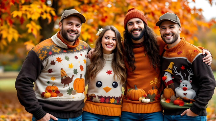 A Thanksgiving photo of a group of friends in coordinated fall-themed sweaters