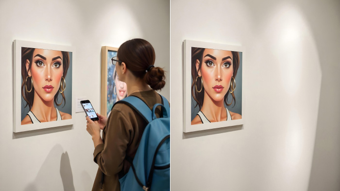 A comparison of two images. Left, with an unwanted person and art. The right shows their removal from the photo using AI.