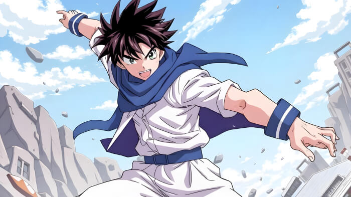 An AI-generated Shōnen anime artwork featuring a male hero and an adventure scene.