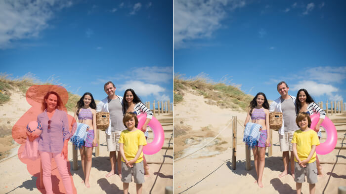 Comparison collage of a family photo. Left, with a relative. Right, without them using the remove person from photo AI. 