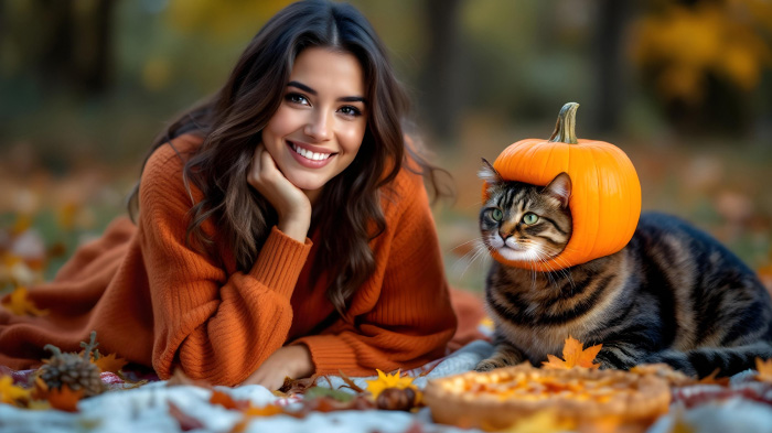 A Thanksgiving photo of a woman and her cat wearing a pumpkin head.