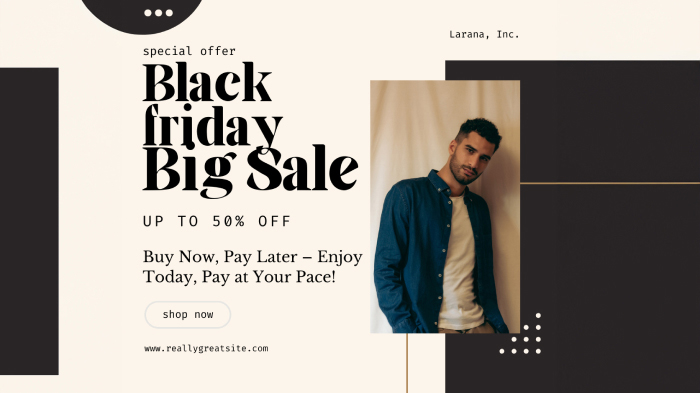 An image promoting the Black Friday “Buy now, pay later” deal with up to 50% off.