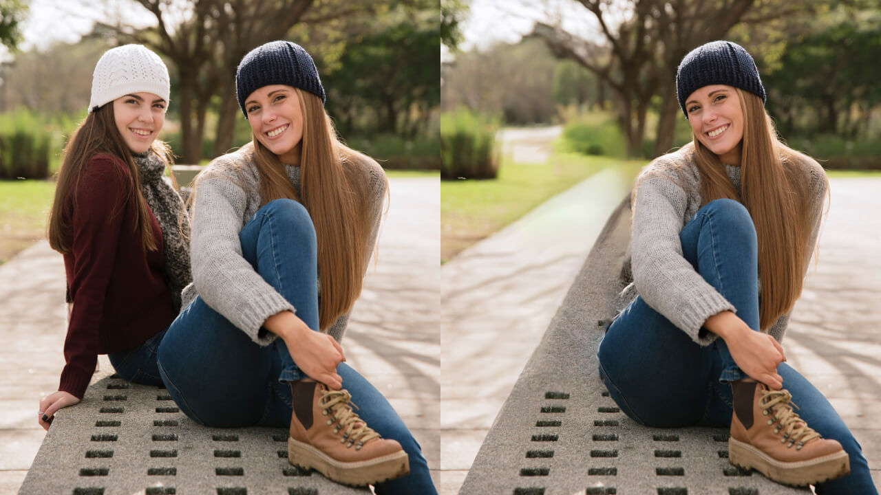 A comparison of two photos of people. Left, with an unwanted person. Right, with that unwanted person removed on iPhone.