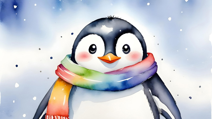 A Christmas-themed painting of a penguin wearing a colorful scarf. 