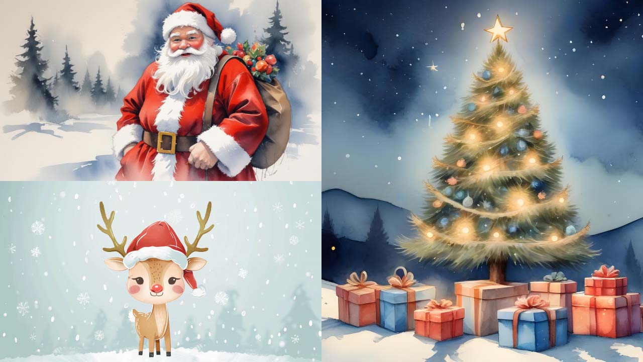 A collage of Christmas paintings of a Santa Claus, a reindeer, and a Christmas tree.