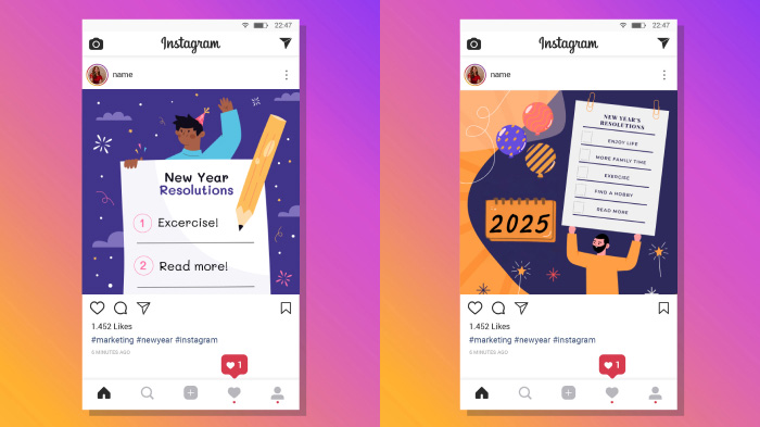 A collage of two screenshots of New Year’s resolution lists shared by a brand on their Instagram.