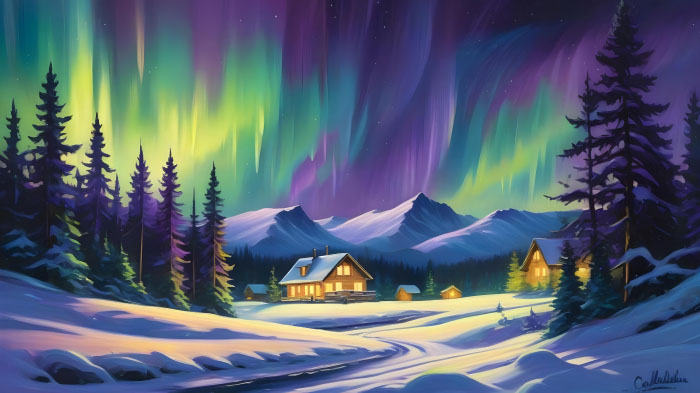 A Christmas painting of a winter landscape featuring a snow-covered wooden cabin, mountains, tall trees, and aurora effect. 