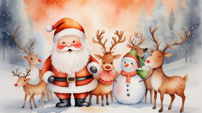 A cute Christmas painting of Santa Claus surrounded by reindeers and a snowman in an outdoor snowy landscape. 