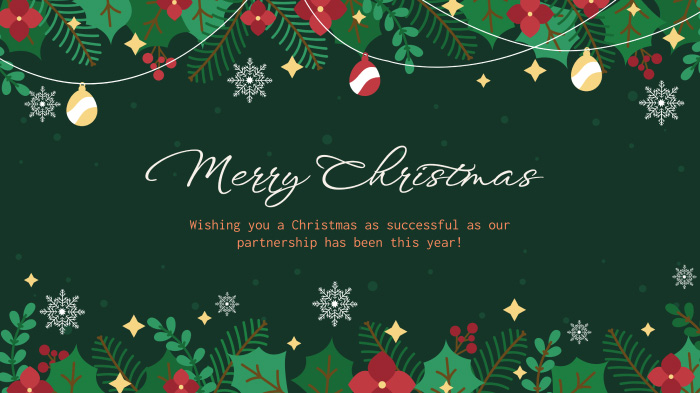 A Christmas card for businesses with holly and baubles illustrations and a message.