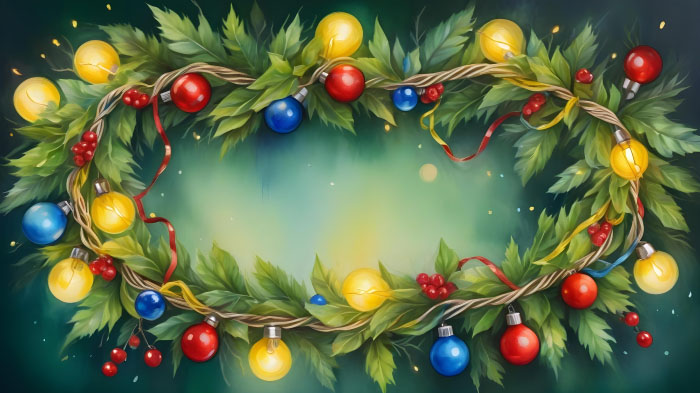 A Christmas painting featuring a wreath adorned with Christmas lights, baubles, drupes, and holly leaves.