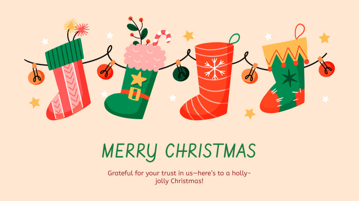 A Christmas card for customers with stockings and Christmas lights illustrations, along with a message.