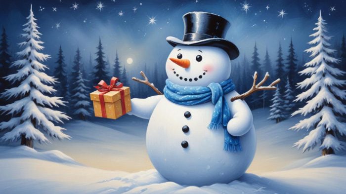 A Christmas painting of a happy snowman holding a gift surrounded by snow-covered trees, stars, and the moon. 