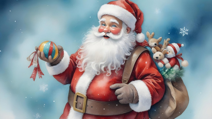 A Christmas painting of Santa Claus holding his sack filled with toys and featuring snowflakes in the background.