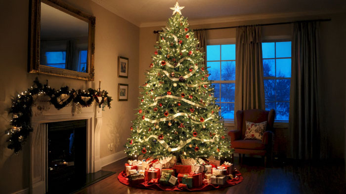 A photo of a Christmas tree adorned with lights, baubles, and gifts in an indoor setting.