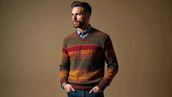 A photo of a man in a New Year outfit featuring a colorful knit sweater with dark blue slim-fit jeans.